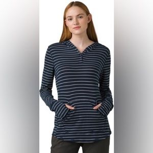 prAna sol protect hoodie navy striped thumb hole at sleeves